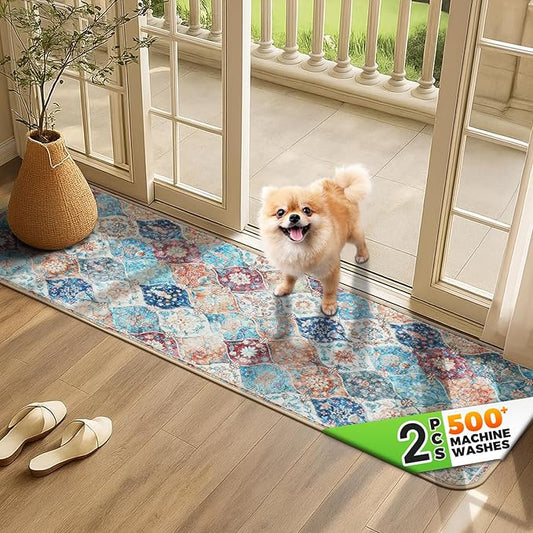 Hompet 2 Pack Super Absorbent Dog Door Mat for Muddy Paws, Washable Pee Pads for Dogs, Reusable Puppy Training Pads, Quick Dry Non-Slip Pet Entryway Rug, Leak-Proof Potty Pad for Indoor Floors 24.8x54