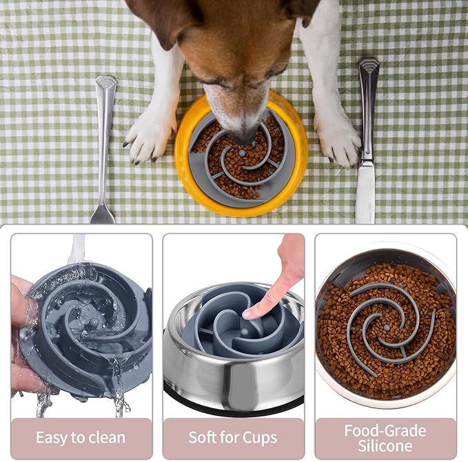 Slow Feeder Dog Bowls Insert, Bestalk Soft Silicone Slow Eating Feeder Insert with Suction Cups for Small, Medium and Large Dogs, Fit into Basic and Elevated Dog Bowls, Grey