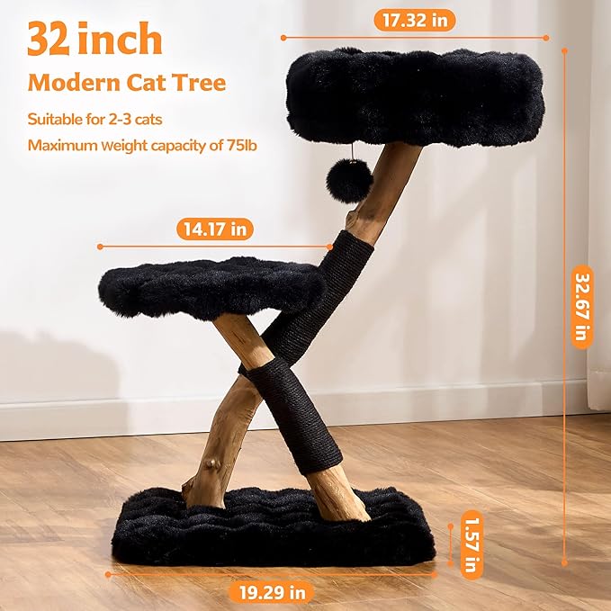 Cat Tree Modern Sturdy Solid Wood Cat Tower for Large Cat with Scratching Post for Indoor, Multifunctional Cat Tower with Cozy Bed and Platforms