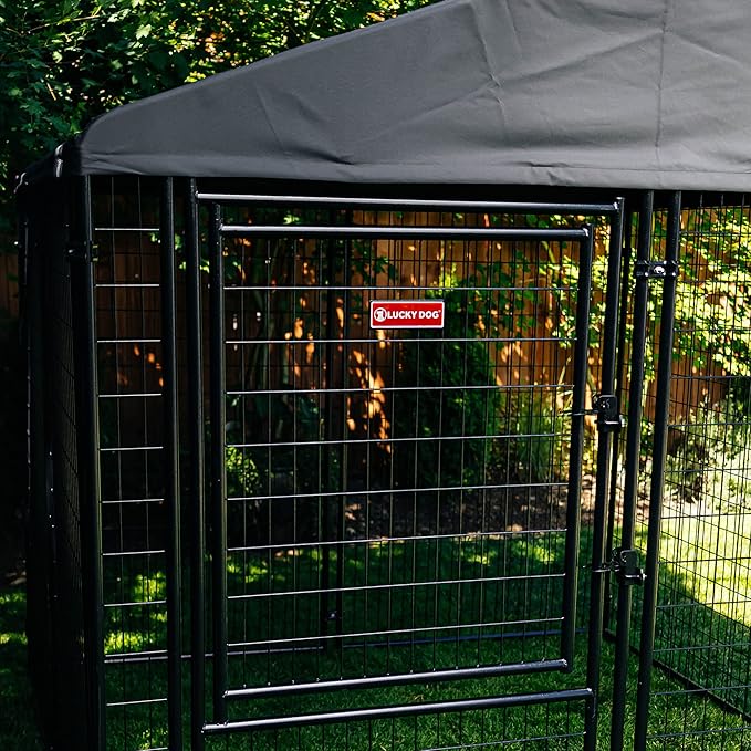 Lucky Dog Stay Series 8 x 8 Feet Executive Black Powder Coat Steel Frame Outdoor Dog Kennel with Waterproof Canopy Roof and Single Gate Door, Grey