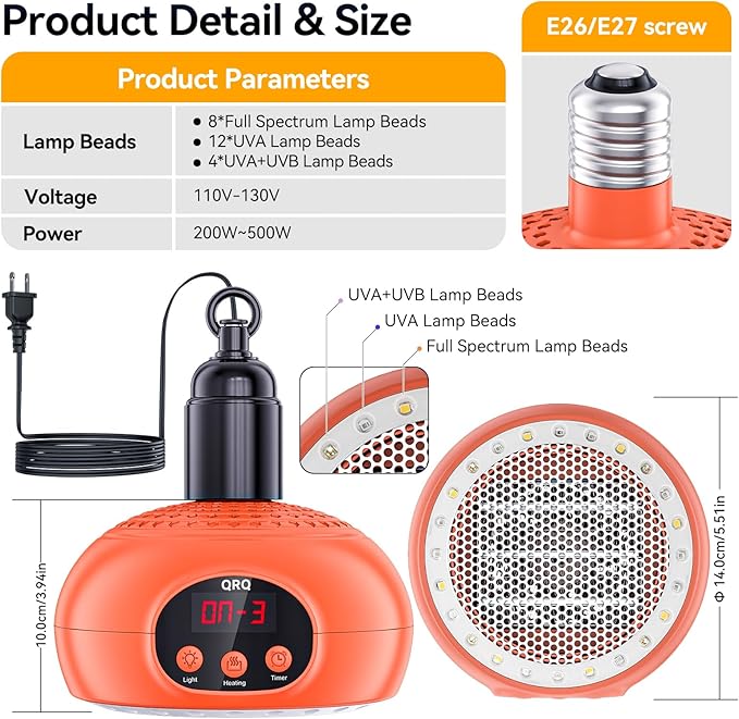 QRQ Chicken Coop Heater 200W-350W-500W Adjustment Chicken Heater with UVA UVB Ligh 3-6-9-12H Timer, Chicken House Dog House Greenhouse H-Eater Outdoor,for Dog Cats Reptile Bird (Orange)