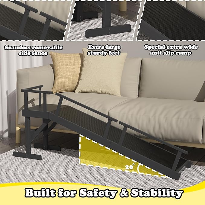 20" Height Dog Ramp for Bed, 61" Long Large Pet Ramp with Non-Slip Surface, Wooden Dog Ramp with Removable Rail & Rest Platform, Also as Dog Stairs for Small Senior Dogs with Glow Strips, Black