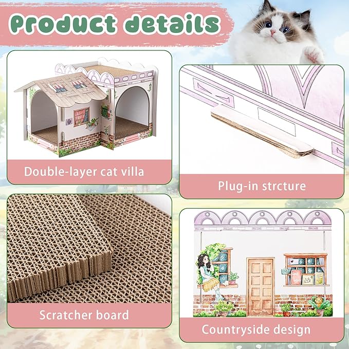 2 Story Cardboard Cat House with Scratcher Pad for Small Kitten,17x12x10 Multi Level Durable Cat Condo & Villa for Bunny Rabbit Small Animals Christmas Birthday Gift(Cottage)