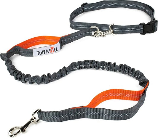 Tuff Mutt Hands-Free Waist Leash for Dog Walking, Running and Hiking, Adjustable Belt with Double Handle, Reflective Bungee Design for Large & Medium Dogs