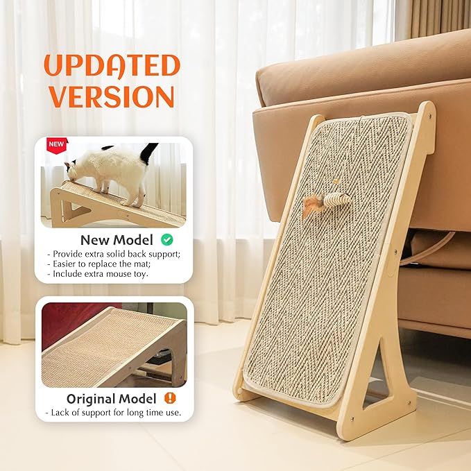 PETKARAY Cat Scratcher, Sisal Scratching Ramp, L Shape Scratch Pad for Indoor Cats, 27" Wall Furniture Protector with Mouse Toy