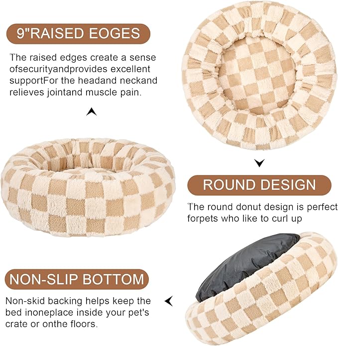 Dog Calming Beds for Small Medium Large Dogs - Round Donut Washable Puppy Dog Bed, Anti-Slip Faux Fur Fluffy Donut Cuddle Anxiety Cat Pet Bed (32" Grid)