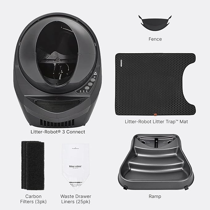 Litter-Robot 3 Connect Core Bundle by Whisker, Grey - Includes Automatic, Self-Cleaning Litter Box, LitterTrap Mat, Fence, Ramp, 25 Liners, 3 Carbon Filters & WhiskerCare 1-Year Warranty