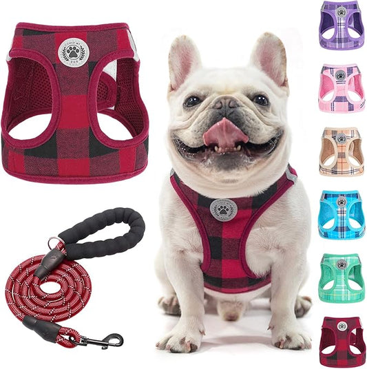 BEAUTYZOO Small Dog Harness and Leash Set,Step in No Choke No Pull Soft Mesh Dog Harnesses Reflective for Extra-Small/Small Medium Puppy Dogs and Cats, Plaid Dog Vest Harness for XS S Pets, Red M