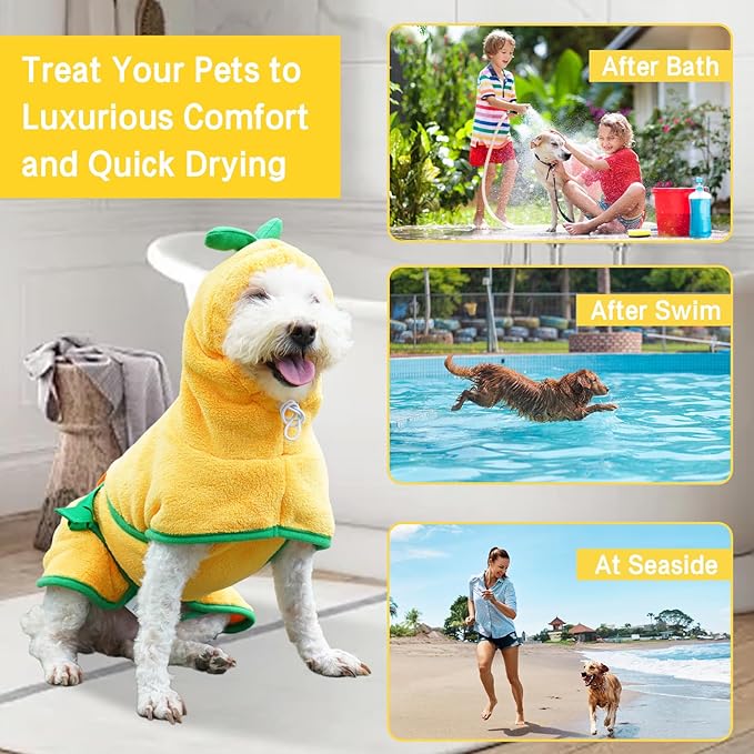 Pet Bathrobe for Dog Cat Absorbently Quick Drying Coat Cute Dogs Bath Towel Hooded Robe Adjustable Collar & Belly Strap for Pool Beach (Yellow, Large)