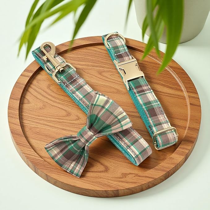 PETDURO Personalized Dog Collar Teal Brown Plaid for Large Medium Dogs | Engraved Name and Phone Number on Gold Metal Buckle for Boys & Girls | Add Leash & Bow Tie via Customize Now