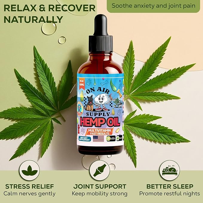 Hemp Oil for Dogs - 2FL/60ML Assists Dogs with Anxiety, Pain, Stress, Sleep, Arthritis, Seizure Relief - Supports Joint Health - Soothing Treats - Made in USA