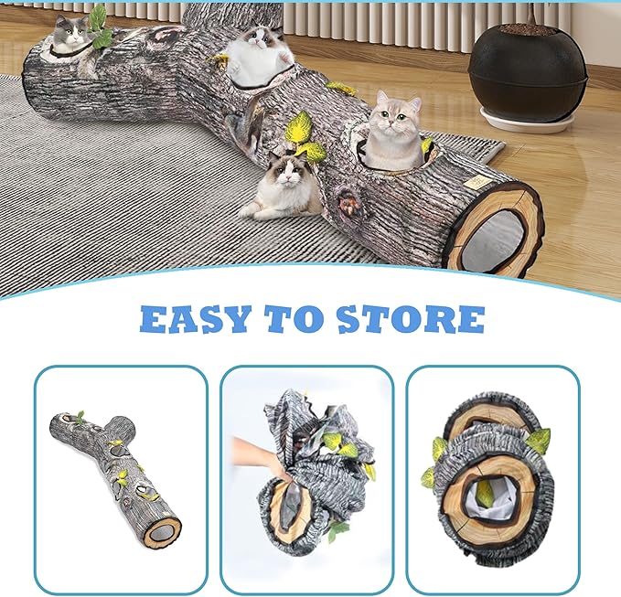 Tree Trunk Cat Tunnel - Cat Tunnels for Indoor Cats, Cat Bed Tree Hole Toy with Three Channels and Leaves, Foldable & Easy to Store, Suitable for Cats and Other Small Animals to Chase and Play