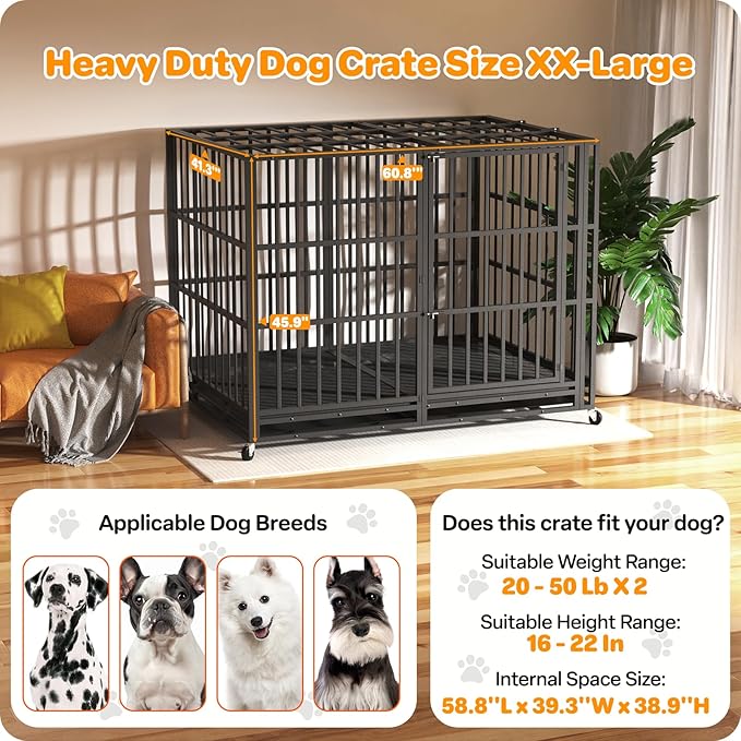 Heavy Duty Dog Crate 60 Inch, Indestructible Dog Crate with Removable Tray, Escape Proof & High Anxiety Dog Kennel Indoor, Metal Dog Cage with Wheels for Large Dogs, XL XXL XXXL