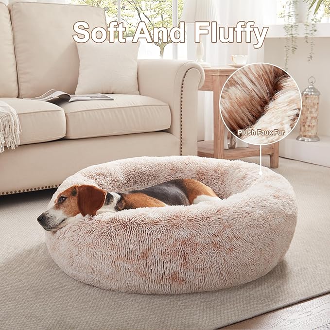 33 inches Donut Dog Bed for Medium Large Dogs,Calming Fluffy Round Pet Bed with Removable & Washable Cover,Fits up to 65 lbs Pets(Brown,M Plus)