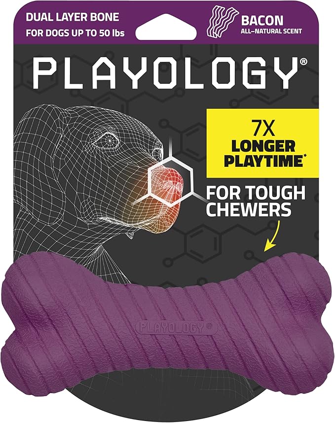 Playology Dog Toys | Dual Layer Bone Durable Chew Toy Bone for Dogs | Medium Bacon Scented Toy - Easy to Clean and Made from Non Toxic Materials