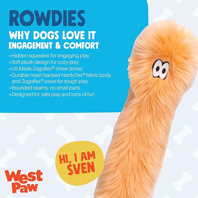 WEST PAW Rowdies Sven Durable Plush Dog Toy with HardyTex Reinforced Seams Squeaker - Soft Plush Exterior Hand Sewn by Skilled Artisans and Made in USA for Dogs - Citrus