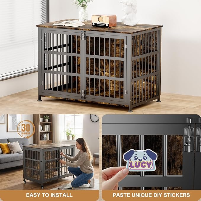 46" Dog Crate Furniture with Wheels, XXL Heavy Duty Dog Kennel Indoor for XL Dogs, Metal Chew-Proof Dog Cage, 45.9" L x 27.6" W x 32.4" H, Decorate House as TV Stand, End Table — Rustic Brown