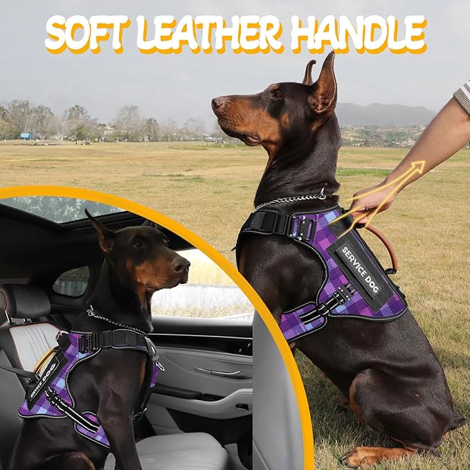 Service Dog Harness - Full Metal Buckles Dog Vest for Medium Large Dogs, Reflective No Pull with Leather Handle, Hook & Loop for Hiking Training (Purple, M)