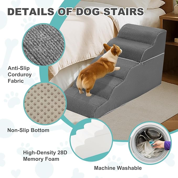 5-Step Dog Stairs for High Bed - 21.3" Adjustable Dog Ramps for Couch, Non-Slip Sturdy Pet Steps for Small Dogs, Washable Cover, Removable Modular Design, Dual 11” & 12.83” Steps for Custom Height