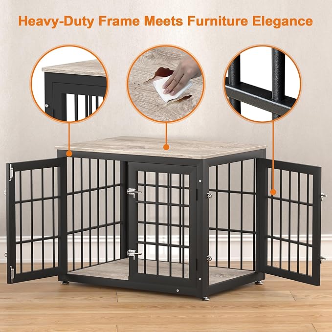 32 Inch Heavy Duty Dog Crate Furniture for Medium and Small Dogs, Decorative Pet House End Table, Wooden Cage Kennel Furniture Indoor, Grey