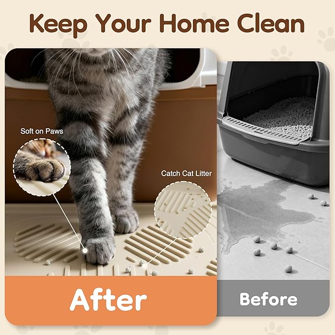 ISSEVE Cat Litter Mat 40" x 28" XL, Extra Large Silicone Mat for Litter Box, 1.38" Raised Edge Urine Waterproof Litter Trapping Mat Pad for Scatter Control, Soft on Kitty Paws, Protect Floor (Beige)
