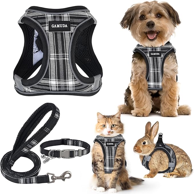 GAMUDA Small Dog Harness Collar and Leash Set, Step in No Chock No Pull Soft Mesh Adjustable Dog Vest Harnesses Plaid Reflective for Dogs Puppy Cats Kitten Rabbit (Black, M)