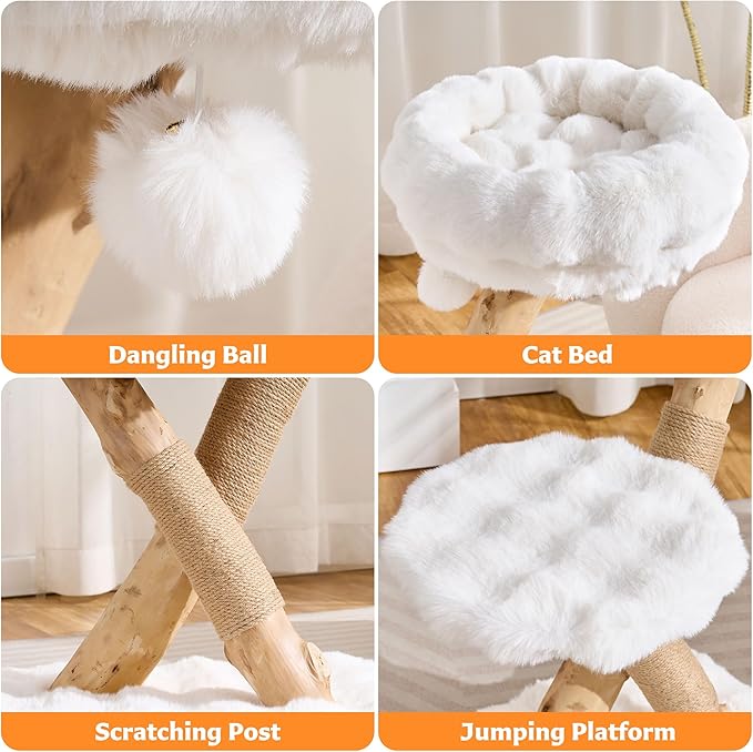 Cat Tree Modern Sturdy Solid Wood Cat Tower for Large Cat with Scratching Post for Indoor, Multifunctional Cat Tower with Cozy Bed and Platforms