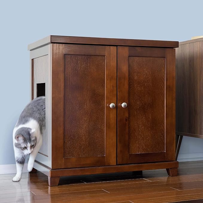 THE REFINED FELINE Cat Litter Box Enclosure Cabinet, Modern, Mahogany Brown, Tapered Feet, Large, Hidden Litter Cat Furniture with Drawer
