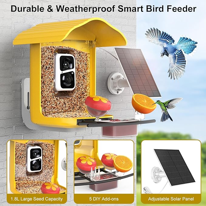 birdsnap® PAV- Smart Bird Feeder with Camera Solar Powered, 64GB Card & 2K HD Record Video Bird Camera Live with 5 DIY Add-ons, AI Identify Auto Capture, Ideal Gift for Birds Lover