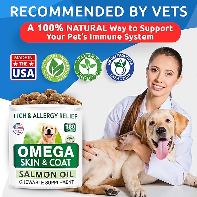 BARK&SPARK Omega 3 for Dogs - 180 Fish Oil Treats for Dog Shedding, Skin Allergy, Itch Relief, Hot Spots Treatment - Joint Health - Skin and Coat Supplement - EPA & DHA Fatty Acids - Salmon Oil