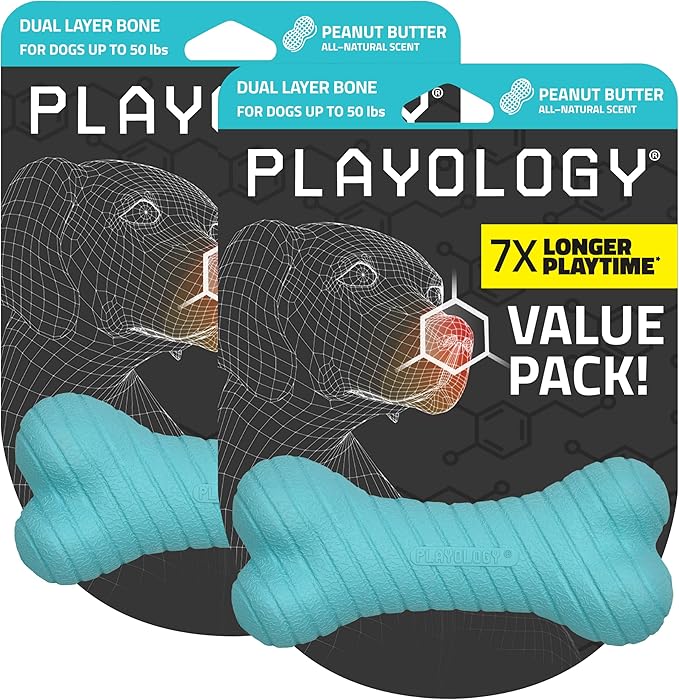 Playology Dog Toys | Dual Layer Bone Durable Chew Toy Bone for Dogs (Value 2-Pack) | Medium Peanut Butter Scented Toy - Easy to Clean and Made from Non Toxic Materials