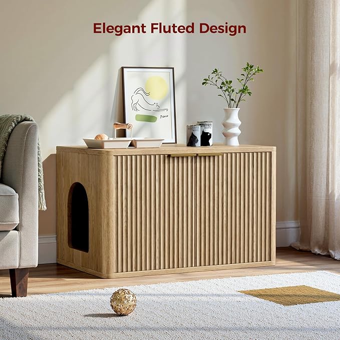 Evermagin 31.5" Oak Cat Litter Box Enclosure Furniture, Large Hidden Litter Box Cabinet, Entry Can Install Left/Right, Mid Century Modern Fluted Kitty End Table for Living Room, Entryway, Bedroom