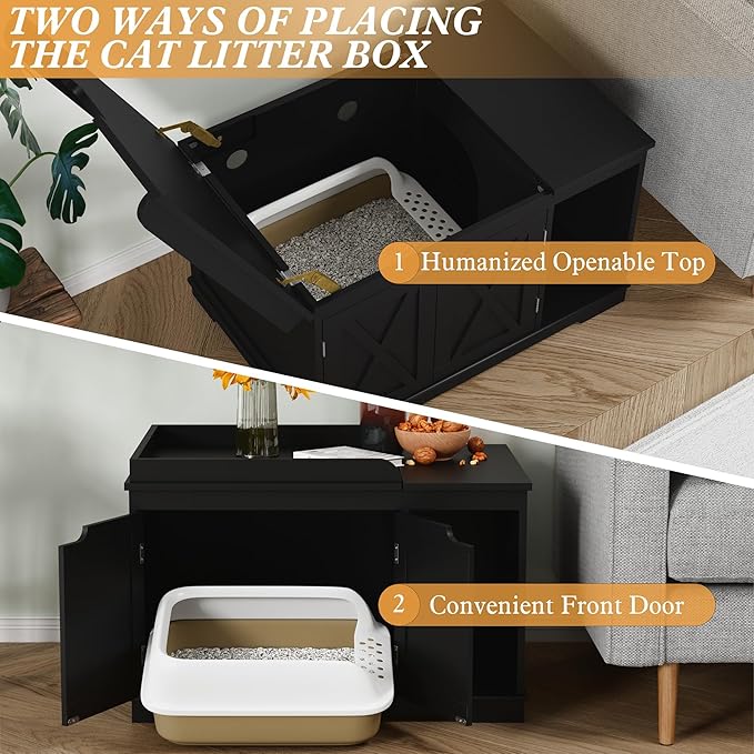 Flip Top Cat Litter Boxes Enclosure Covered Litter Box Hidden Furniture Wooden Cat Washroom Cabinet for Kitty, Medium and Large Cat Black