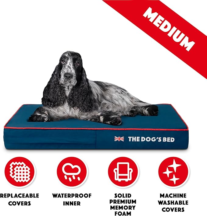 The Dog’s Bed Orthopedic Memory Foam Dog Bed Medium Blue Oxford with Red Trim UK Flag, Pain Relief for Arthritis, Hip & Elbow Dysplasia Post Surgery Supportive, Waterproof Washable Veterinary Approved