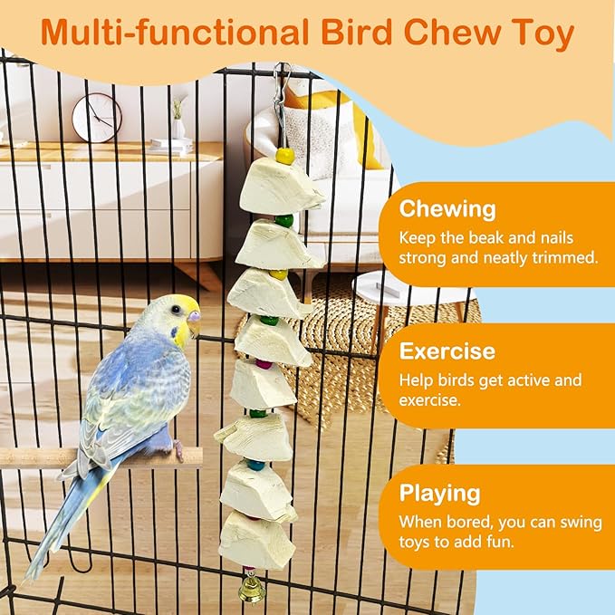 3 Pack Bird Chewing Toy Cuttlebone Parrot Toy with Bell Hanging Bird Beak Grinding Stone Parakeet Cage Accessories for Small & Medium Budgies Lovebirds Cockatiels (Block, 8 Per Skewer)