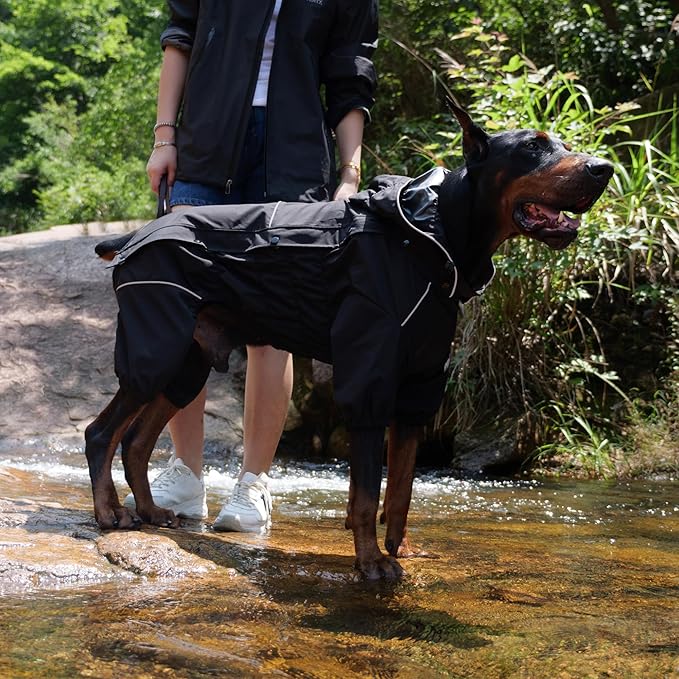 LOVELONGLONG Waterproof Dog Raincoat with Removable Hood – Outdoor Full Body Dog Jacket, Windproof Snowproof Shell Suit – All Season Pet Rain Gear Black XXL