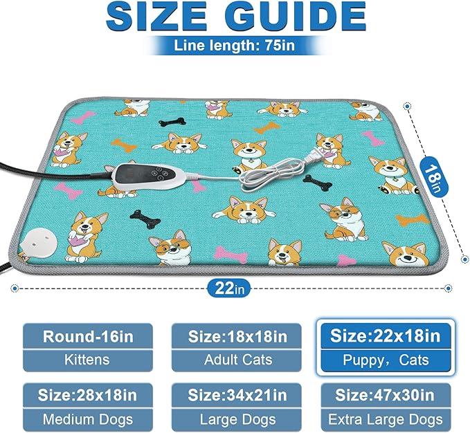 Cat Heating Pad,22x18 in Heated Cat Bed,Adjustable Thermostat+Constant On Function,with Metal Protective Tube Waterproof Puppy Heating Pad - Blue