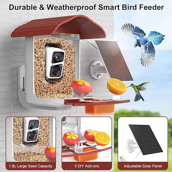 birdsnap® PAV- Smart Bird Feeder with Camera Solar Powered, 64GB Card & 2K HD Record Video Bird Camera Live with 5 DIY Add-ons, AI Identify Auto Capture, Ideal Gift for Birds Lover
