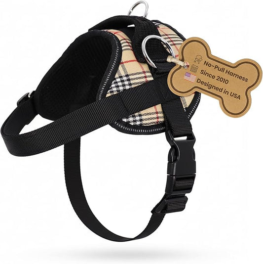 Bark Appeal Tan Plaid No-Pull Dog Harness for Small to Medium Sized Pets – Adjustable, Reflective Vest with 3 Leash Clips for Added Control, Easy Walks & Training – Medium