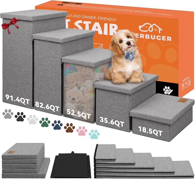 Dog Stairs for High Beds, Folding Pet Stairs Gift for Dogs Puppy with Storage for Bed Couch, Cat Dog Ramp Hold Up to 200 lbs (Gray, 5 Steps with Condo(49" D x 17" W x 26" H))