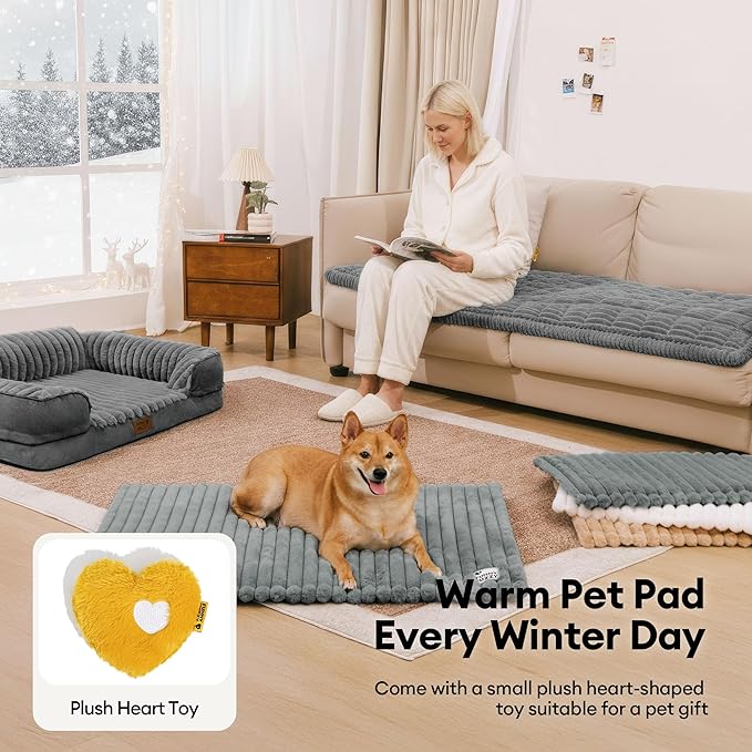 FUNNY FUZZY Self Warming Cat Bed, Waterproof Corduroy Fleece Warm Self Heating Pad for Cats & Dogs, Non-Skid Thermal Pet Mat Indoor with Removable Washable Cover - ThermoPad, 25.5"×17.7", Cream White