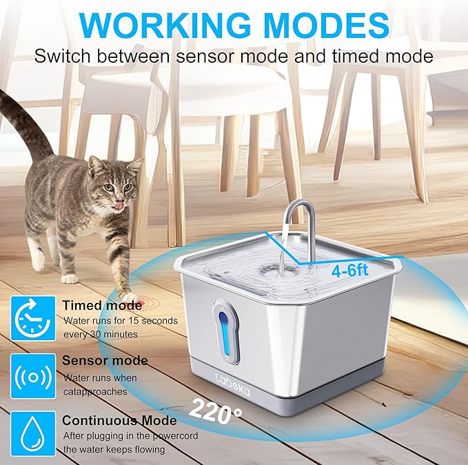Stainless Steel Cat Water Fountain 135oz/4L:Battery Operated Wireless Cat Fountains for Drinking Indoor, Automatic Pet Water Dispenser with Ultra Quiet Pump,Multi-Filtration(2Filters)