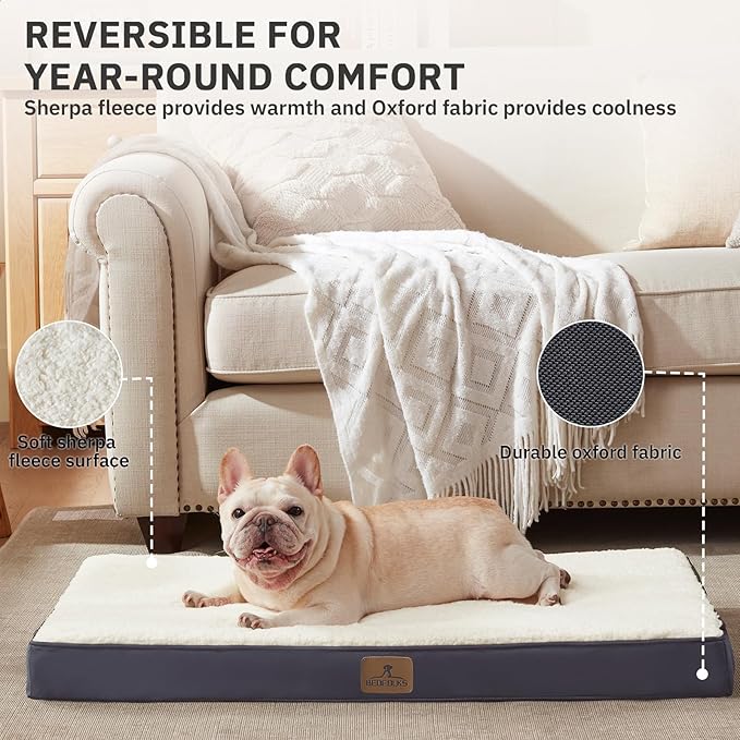 Bedfolks Orthopedic Dog Bed for Large Dogs - Egg Foam Dog Crate Bed with Removable Waterproof Cover, Pet Bed Mat Suitable for Dogs and Pets Up to 50 lbs (35 x 22 x 3 inches, Grey)