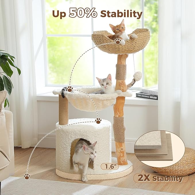 PAWZ Road Modern Cat Tree with Natural Solid Wood Scratching Post, 40 Inches Cat Tower with Spacious Wicker Basket,Large Hammock,Luxury Condo for Indoor Cats