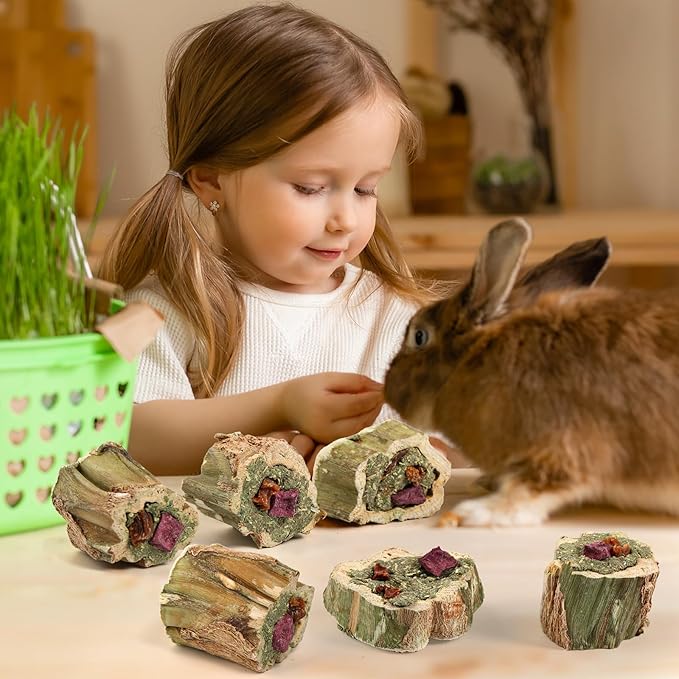 Abizoo Rabbit Chew Toys for Bunny Natural Papaya Wood Chew Treats with Organic Alfalfa Hay, Dried Carrot, Apple and Sweet Potato for Rabbits Guinea Pigs Hamsters Chinchillas Gerbils(3.5oz/100g)
