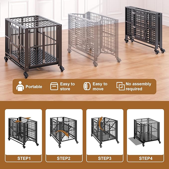 Polar Aurora Heavy Duty Dog Crate, Foldable Indestructible Dog Kennel, Escape Proof Extra Large Dog Cage with Lockable Wheels, High Anxiety Pet Playpen with Double Door for Indoor/Outdoor Use. (38in)