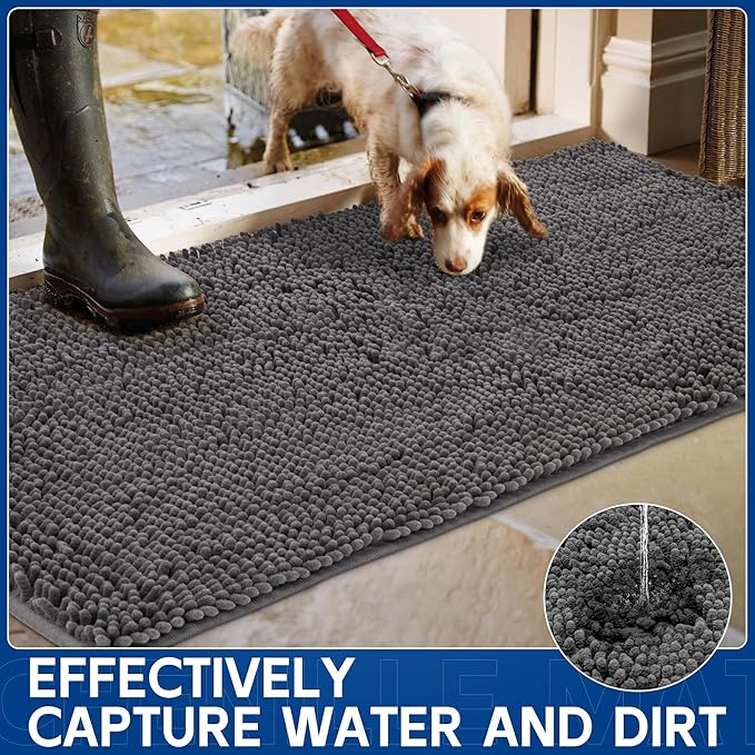 Chenille Absorbent Front Door Mat 72" x 48", Dog Door Mat for Muddy Paws, Trap Dirt Doormat, Mud Mat for Dogs, Washable Non Slip Outdoor Indoor Doormats for Entryway, Grey
