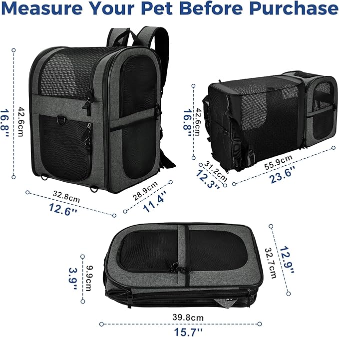 Apollo Walker Pet Carrier Backpack for Large/Small Cats and Dogs, Puppies, Safety Features and Cushion Back Support for Travel, Hiking, Outdoor Use (Gray-Expandable)
