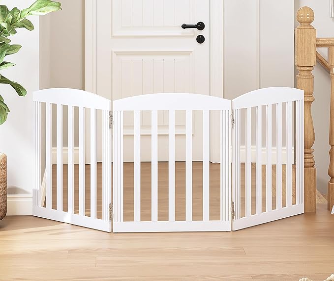 SPIRICH Dog Gate Indoor, Dog Gates for Doorways, Stairs, The House, Wooden Freestanding Foldable Pet Gate, Extra Wide Step Over Puppy Gate, 3 Panels, White