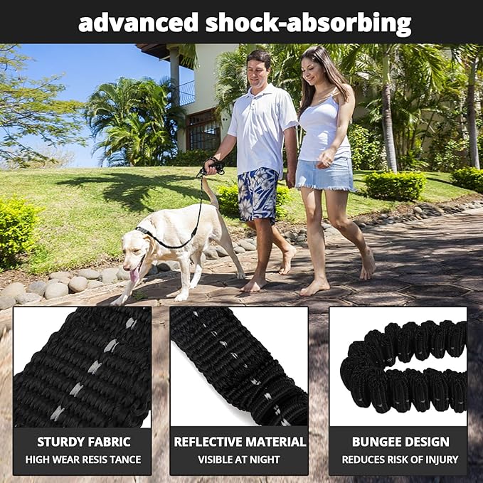 Rope Dog Leash 4 FT: Heavy Duty Leashes with Swivel Lockable Hook Reflective Threads Bungee and Padded Handle - Dog Lead for Large Small Medium Dogs Outside Walking Hiking Black